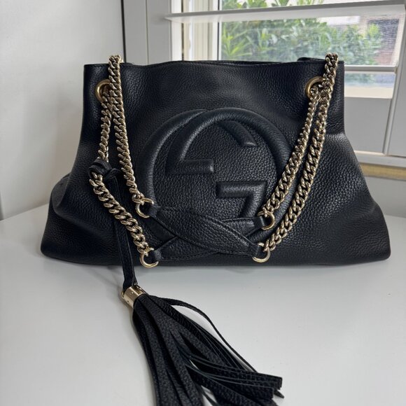 Authentic Gucci Soho Black Leather Double Chain Shoulder Bag Tote Black Gold - Picture 1 of 7